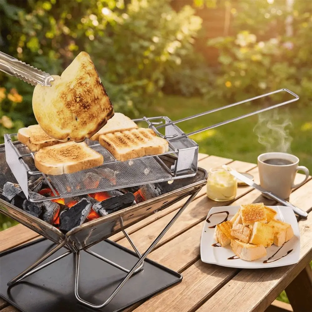 Stainless Steel Bread Toaster Bread Tray Long Handle Mesh Net Grill Folding Portable Sausage Grilling Rack Picnic Activities