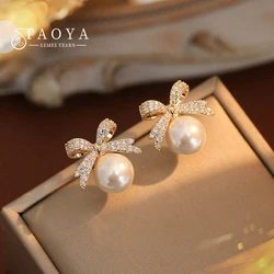 French Elegant Micro Set Zircon Bow Pearl Pendant Earrings 2024 New Design Jewelry For Womens and Girls Fashion Ear Accessories