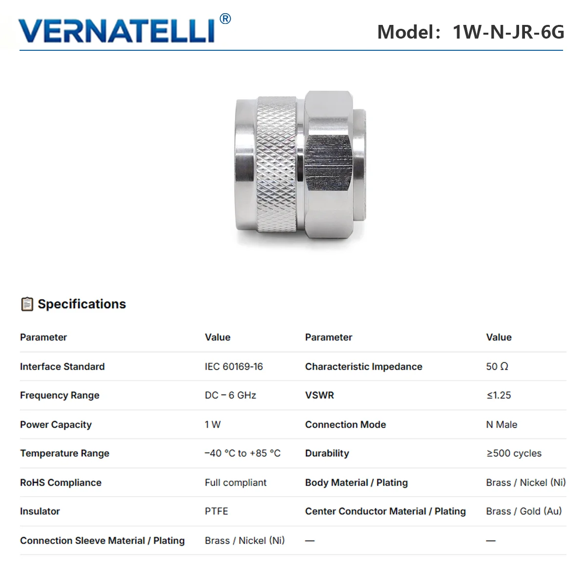 N Male RF Coaxial Termination Load, DC‑6GHz, 1W, 50 Ohm, VSWR ≤1.25, Dummy Load for Signal Testing, Model 1W‑N‑JR‑6G