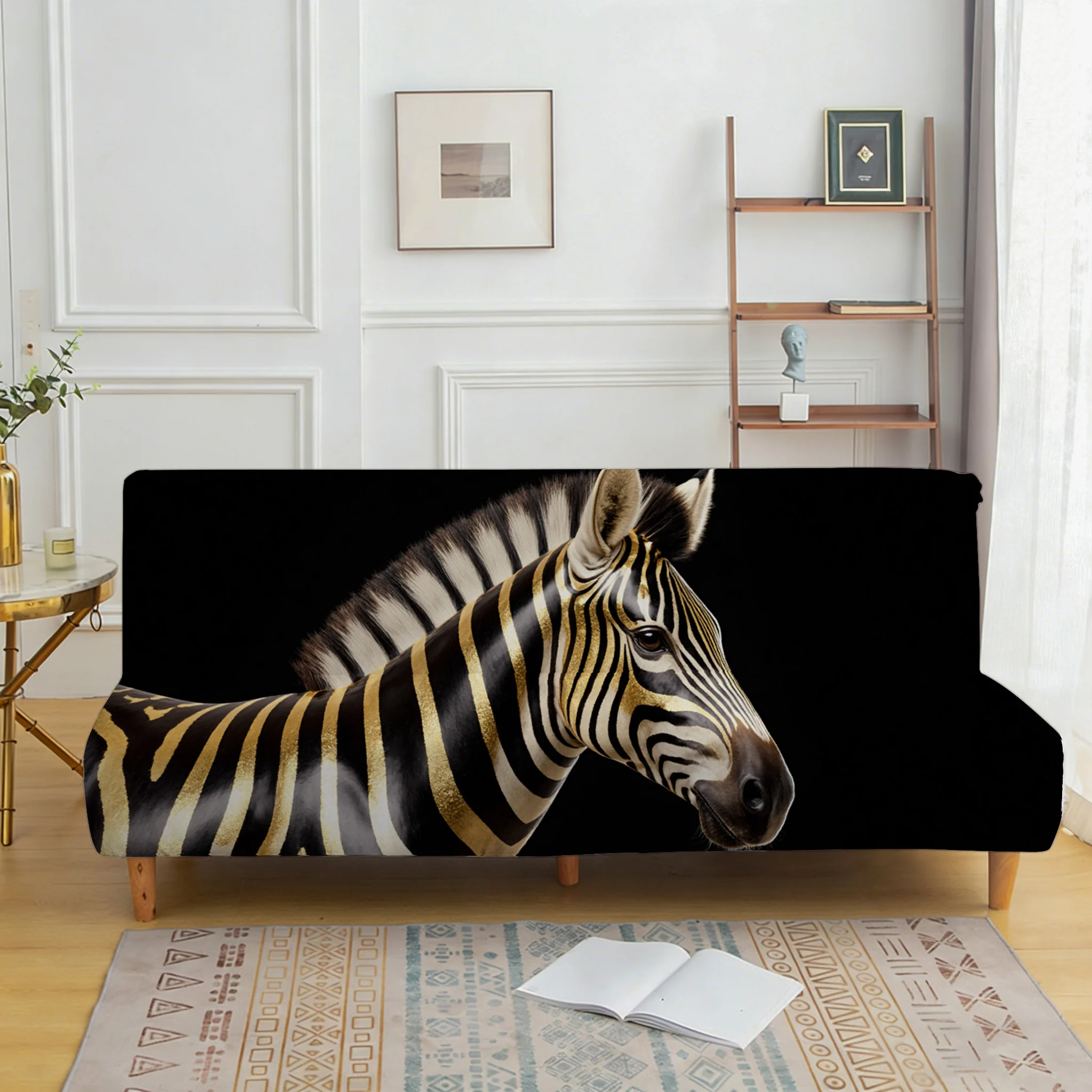 All-inclusive elastic sofa bed cover, black gold light luxury zebra printing sofa bed cover, easy installation, machine washable
