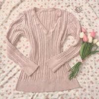 Casual solid color pattern knitted sweater urban mood girl Y2K long sleeve tops retro high street rock aesthetic women's sweater