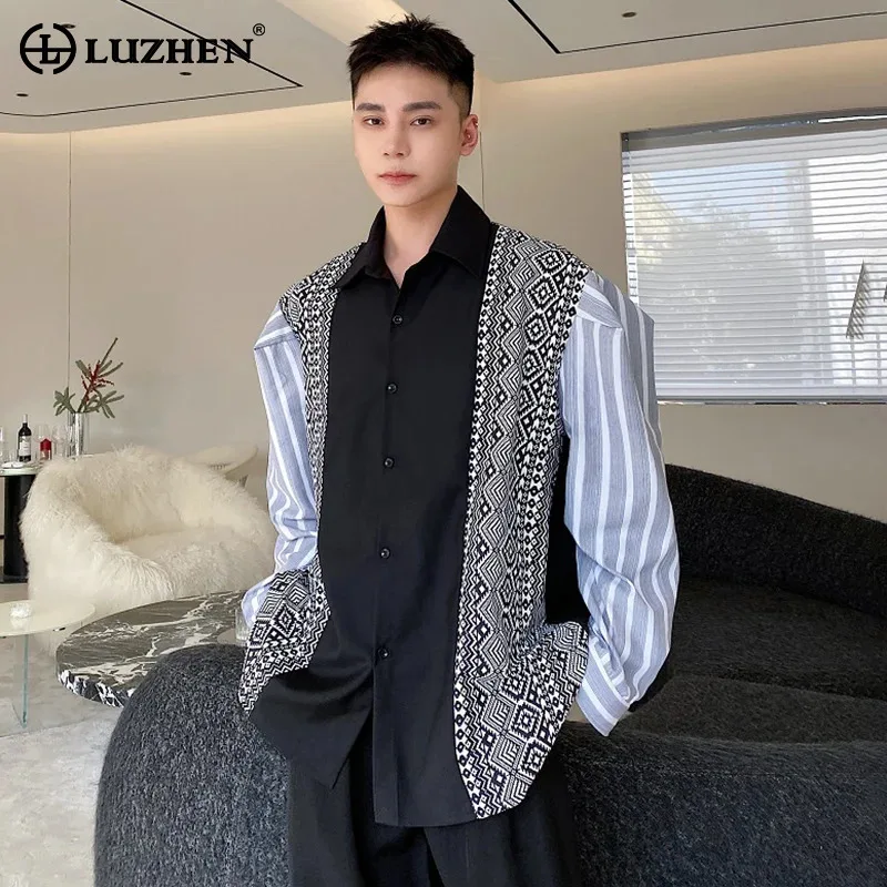 LUZHEN Stylish New Stripe Patchwork Design Long Sleeved Shirts Men\'s Elegant Blouses Original Trendy Color Contrast Tops LZ3679