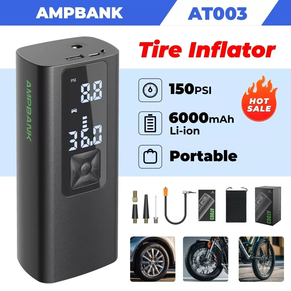 AMPBANK AT003 Auto Air Pump for Car Tires Tire Inflator Portable Air Compressor 150PSI with 6000mAh Battery LED Screen