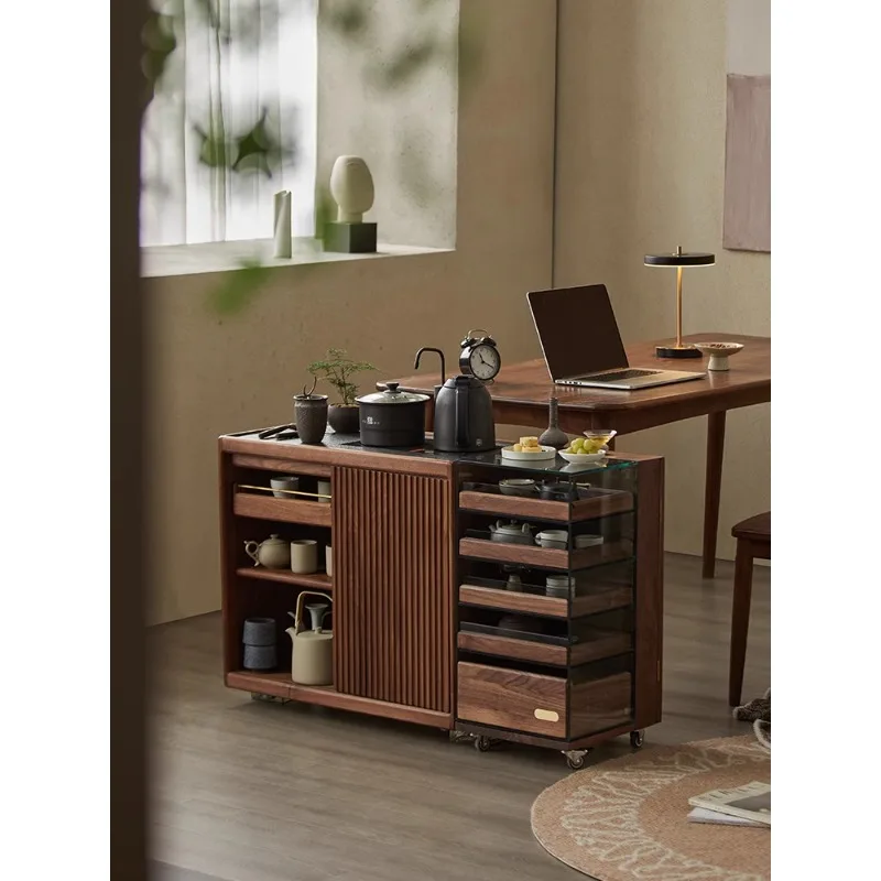 Black walnut tea set storage glass display cabinet, solid wood  water cabinet, mobile tea table edge