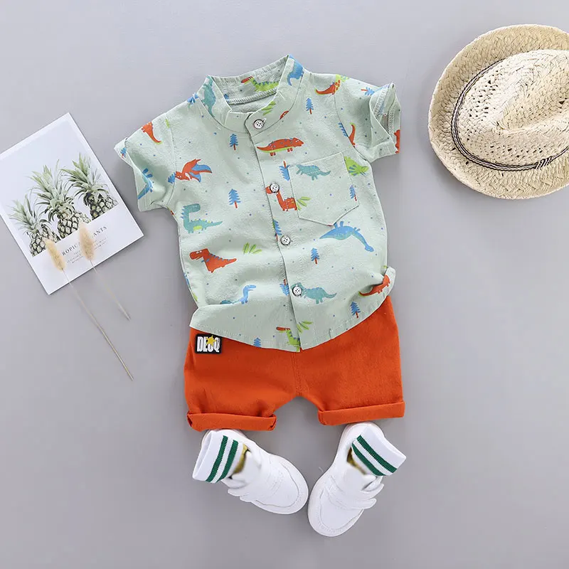 Infants and Toddlers Covered in Printed Cartoon Dinosaur Stand-up Collar Shirt Short Sleeve 2 Piece Set