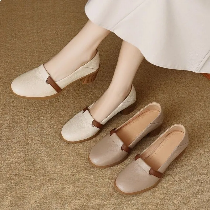 2026 Trending French Retro Women's Pumps, Thick Heel, Low-Cut, Soft Leather & Soft Sole, Round Toe High Heel Leather Shoes