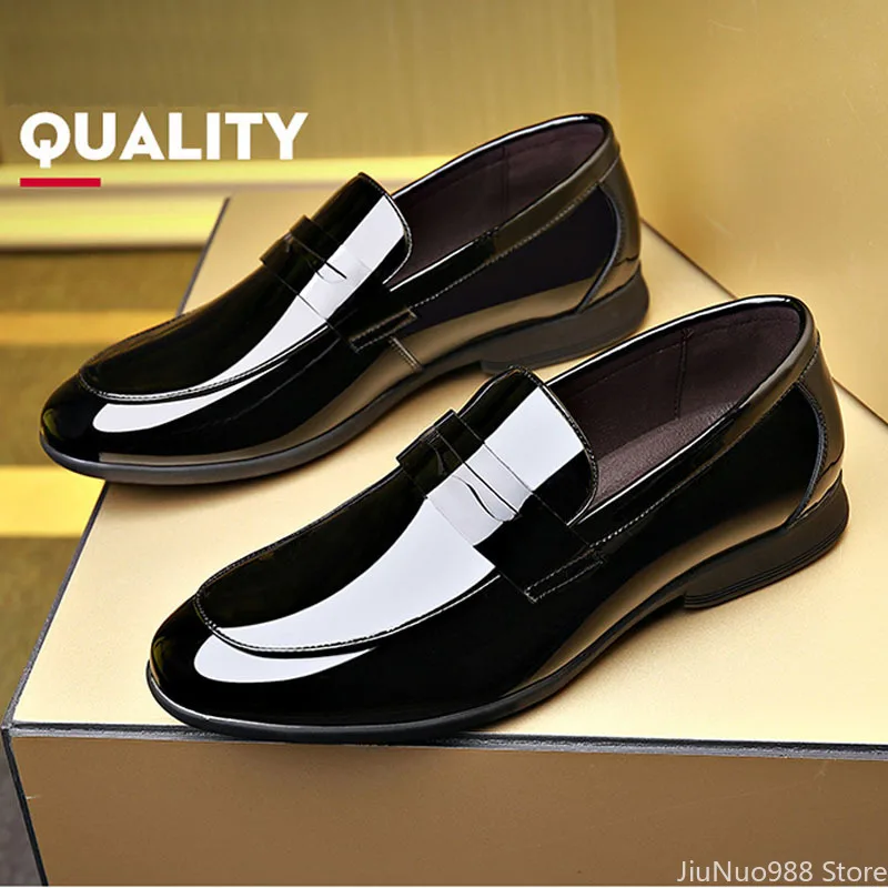 

High-class Men Casual Shoes Genuine Leather Spring New Gentleman Patent Leather Dress Shoes Hot Cool Black Slip-on Loafers