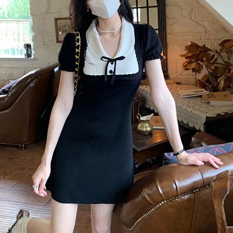 

Knitted Black Lace Doll Neck Princess Sleeves Dress For Women's Summer 2024 Fashion New Celebrity Style French Fragrant Sweet