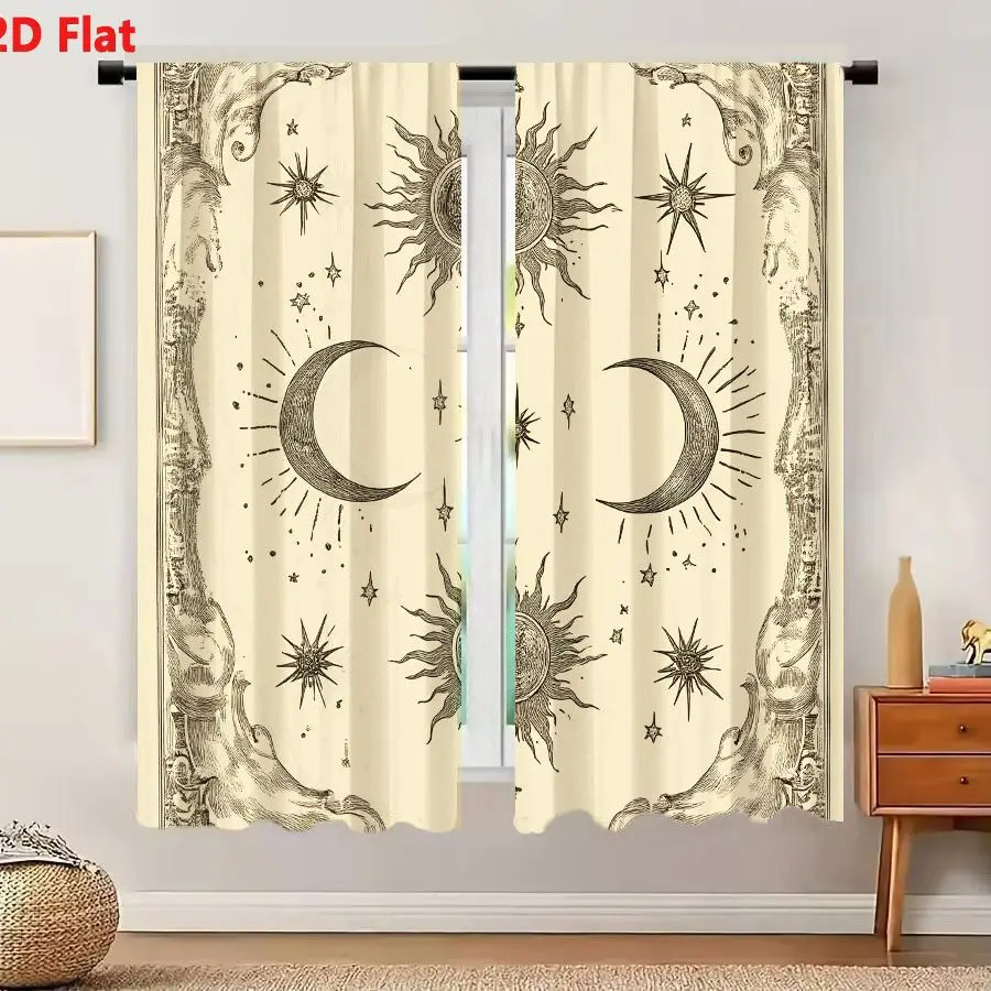 2Pcs Curtains 2D Flat Vintage Celestial Illustration With Symmetrical Crescent Moons Central Star Radiant Sun And Ornate Border