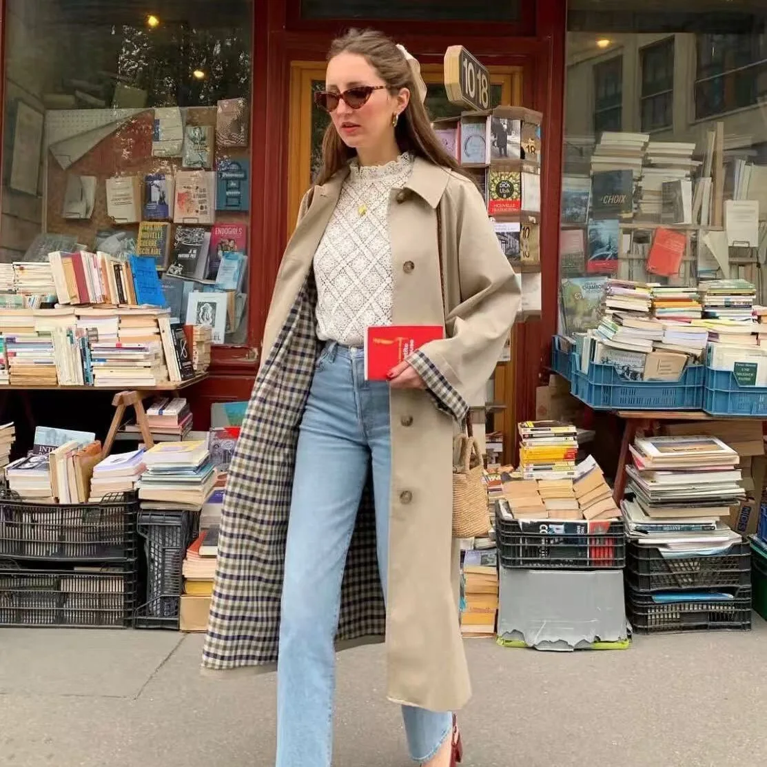 

Женская длинная ветровка, однобортная клетчатая подкладка, верхняя одежда с широкой талией, повседневный женский весенне-осенний винтажный плащ