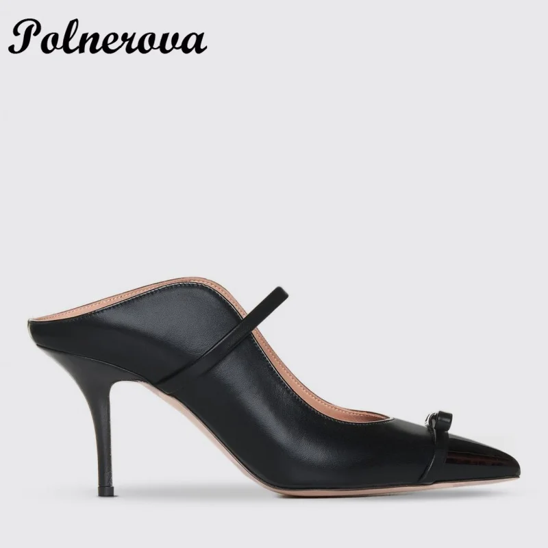 Bow Pointy Toe Stiletto Heels Mules Designer Slip On Slippers Party Dress Heels Handmade Women Shoes Zapatos Para Mujere