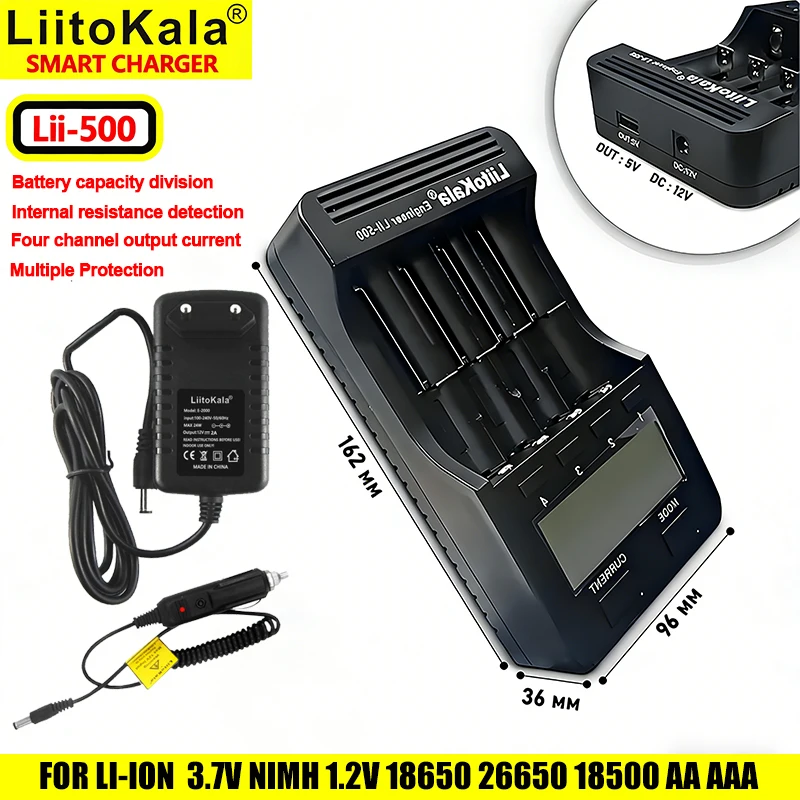 Lii-500 18650 26650 Lithium-Batterieladegerät 3,7V 4-Slot Intelligentes Schnellladegerät mit Kapazitäts- und Innenwiderstandserkennung