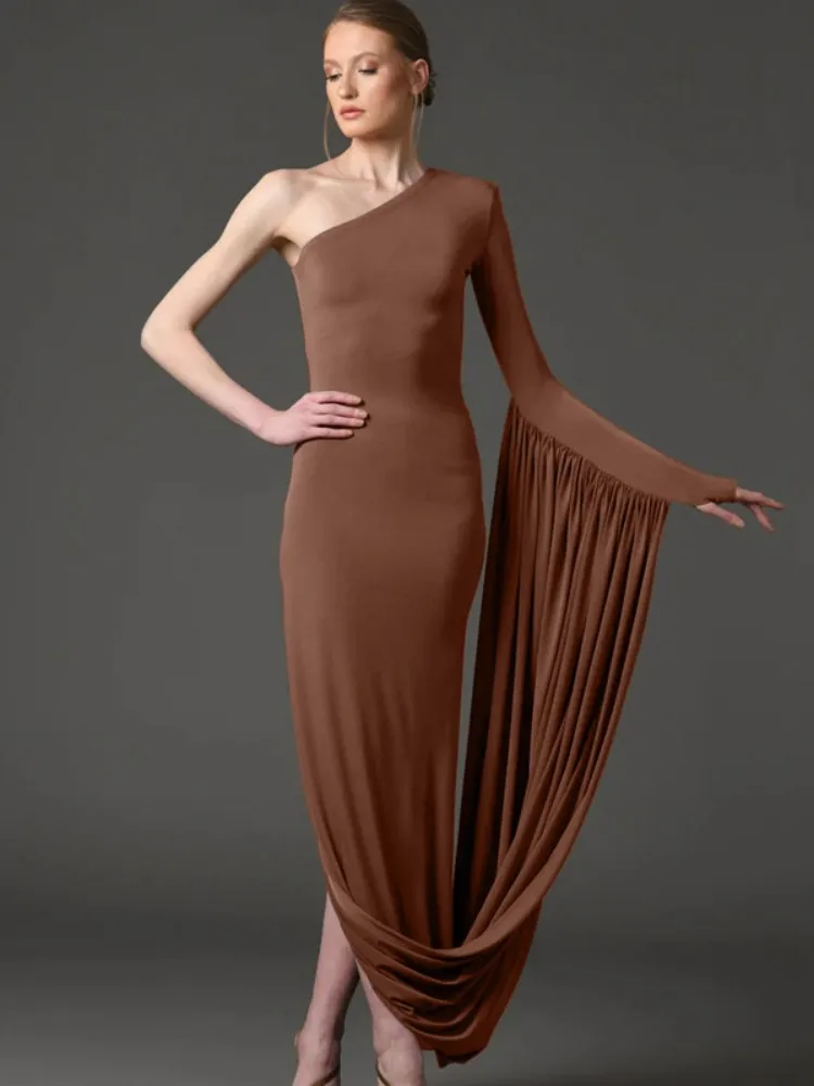 

2025 Women Celebrity Sexy Off Shoulder Long Sleeve Coffee Maxi Long Dress Elegant Evening Party Club Vestido