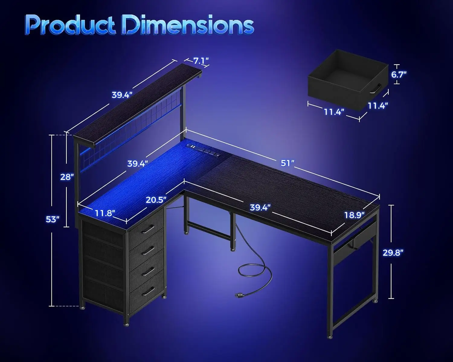 L-Shaped Gaming Desk with Shelf, 4 Drawers, LED Light, Reversible, Black