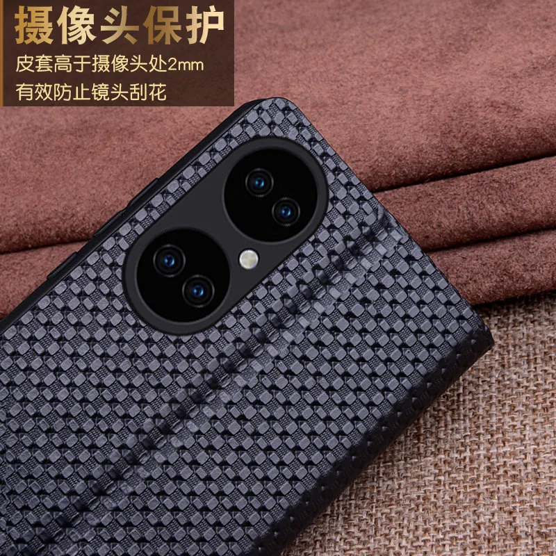 Hot New Luxury Genuine Cow Leather Magnetic Window Flip Cover Mobile Phone Book Case For Huawei P50 Pro Plus + Phone Cases Funda