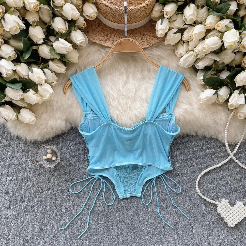 Sexy renda malha bandagem tubo topo chique sem alças camis magro coreano tanques topo elegante básico colheita topo outono feminino bustier