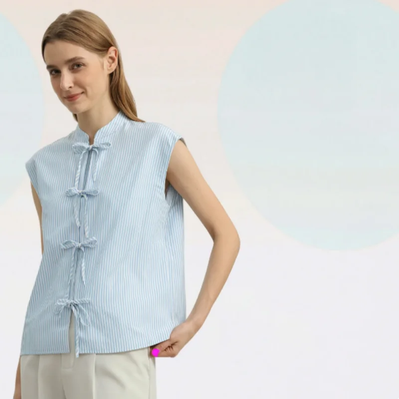 Women's Shirt 2026 Summer New Vertical Stripe Sleeveless Stand Collar Front Tie Slim Fit Chinese Style Shirt