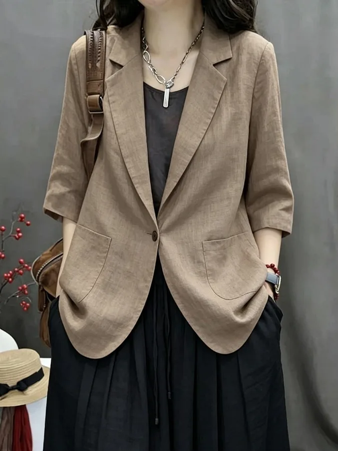 Casual Cotton Linen Short Jacket Women's 2026 Spring Autumn New Pure Color Versatile Small Suit Top Loose Fit Style