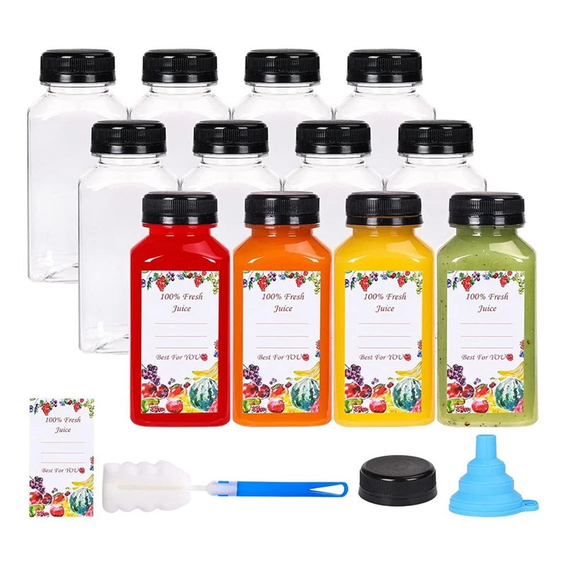 NEW-12Pcs Plastic Juice Bottles With Tamper Evident Caps, Reusable Clear Juice Containers With Labels, Funnel And Brush