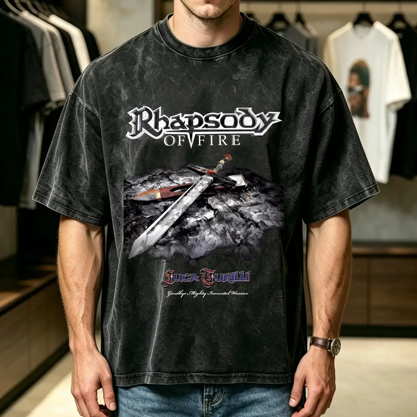 washed T Shirt Rhapsody Of Fire Italian Symphonic Power Metal Band Luca Turilli S 2XL vintage Washed streetwear Slightly