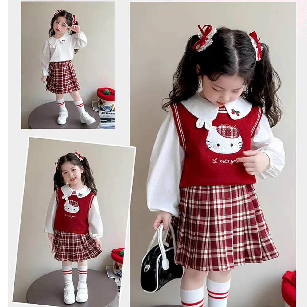 

Hello Kitty Sweater Vest Pleated Skirt Three-Piece Set Outfit Children's Clothing 2025 New Autumn Fashion College Style Set Gift