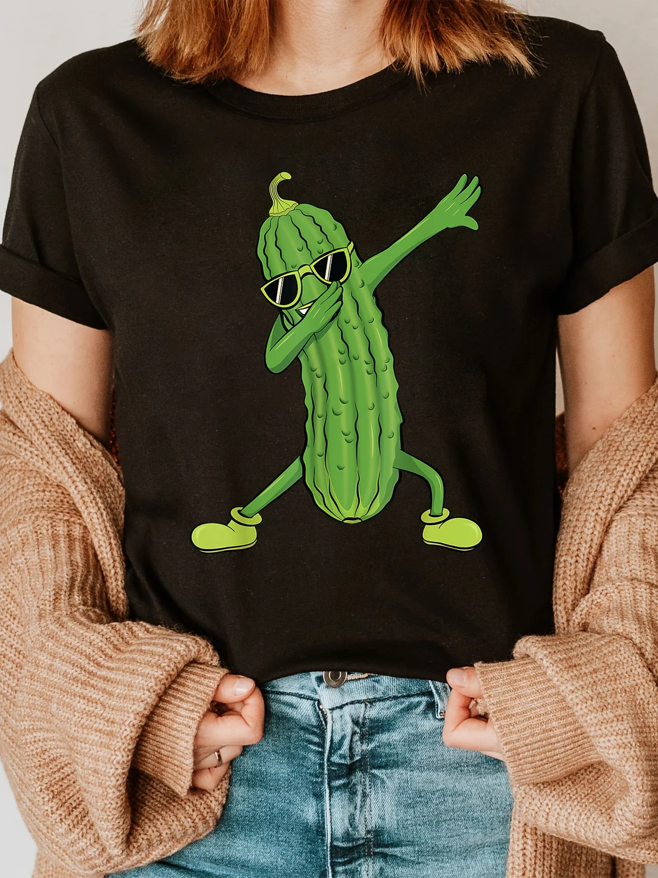 Women's Cute Pickle Dancing Print Semi Sleeve Crew Neck Top Suitable for Summer Spring Casual Wear with Dancing Pickle