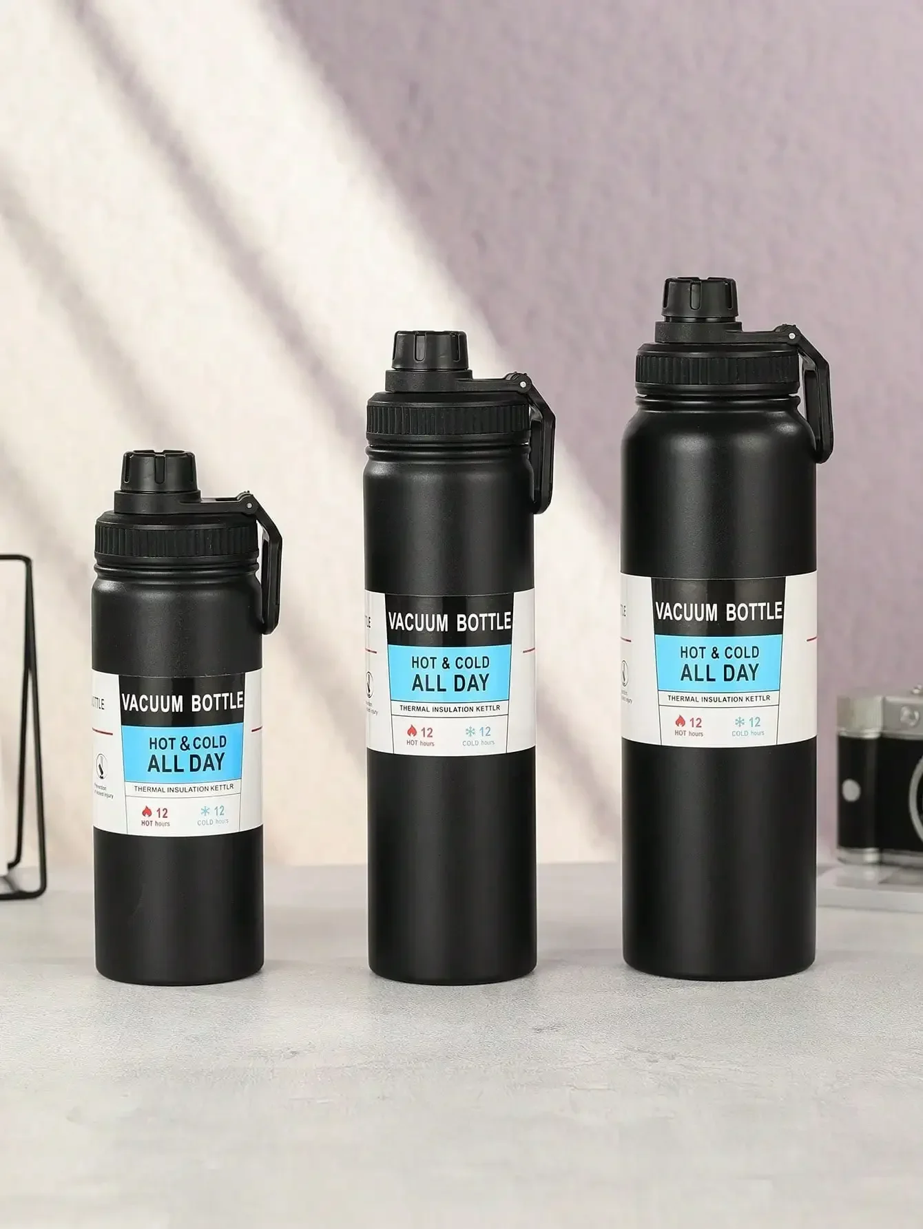 Matte Black Vacuum Insulated Water Bottle with Carry Loop Lid, Food Grade Stainless Steel Sports Water Bottle for Outdoor Gym Travel