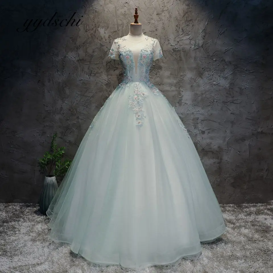 Customized 2024 Light Green Beading O-Neck Elegant Dress Women For Wedding Party Prom Dresses Tulle Lace Up Appliques Ball Gown