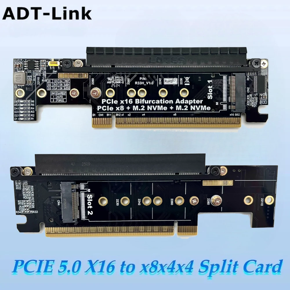

PCIe 5.0 X16 к X8 X4 X4 Split GEN5 Riser Card Адаптер раздвоенной обработки PCIe x16 PCIe x8+M.2 NVMe+M2 NVME для 22110-2230 M.2 NVMe SSD