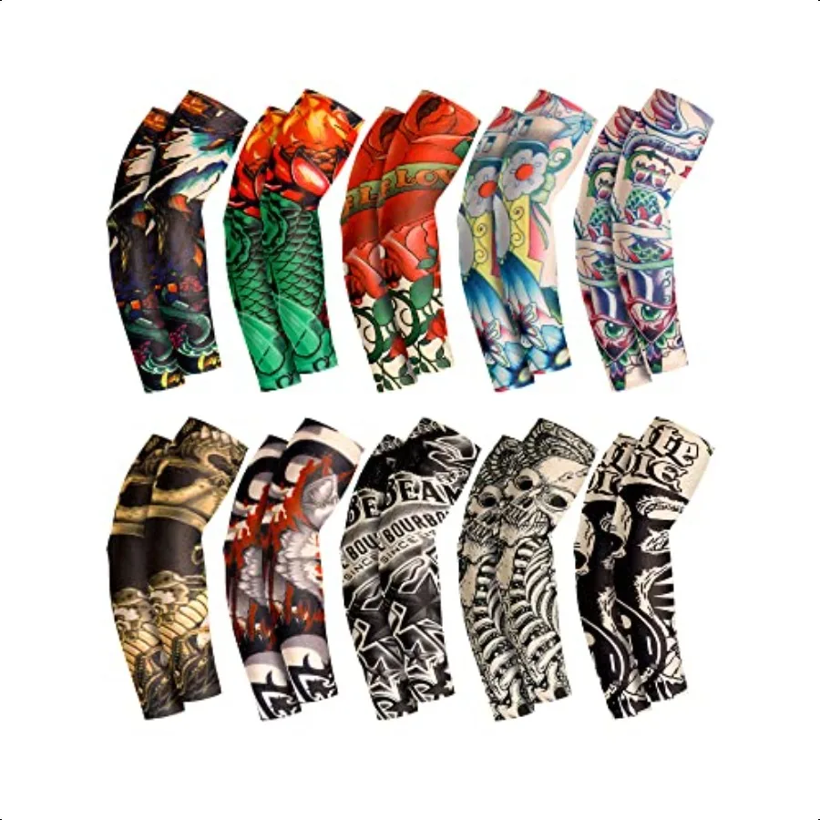 

20 Pcs Men's Cooling Arm Sleeves Long Fingerl Arm Cover Anti Slip UV Sun Protection Sports Temporary Tattoo Sleeves