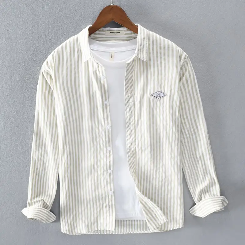 

Elegant Fashion Harajuku Slim Fit Ropa Hombre Loose Casual Sport All Match Outerwear Square Neck Button Stripe Long Sleeve Blusa