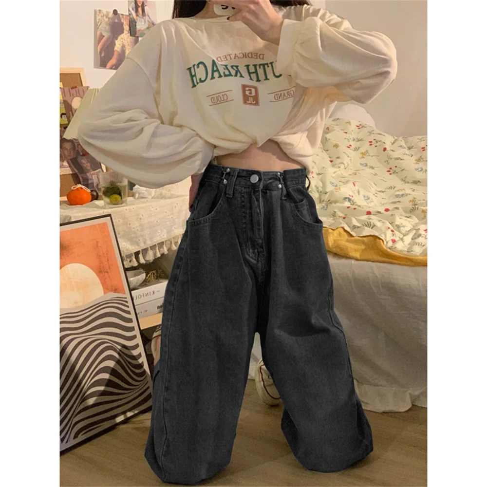 Dark Blue Womens Jeans High Waist Vintage Straight Baggy Denim Pants Streetwear American Style Fashion Wide Leg Denim Trouser