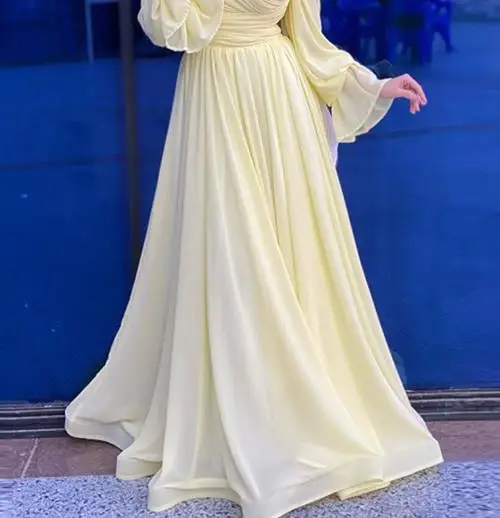 

Women's Fashion Dress 2025 Spring and Summer New Latest Hot Selling Style Elegant Pleated Waist Slimming Light Yellow Dress
