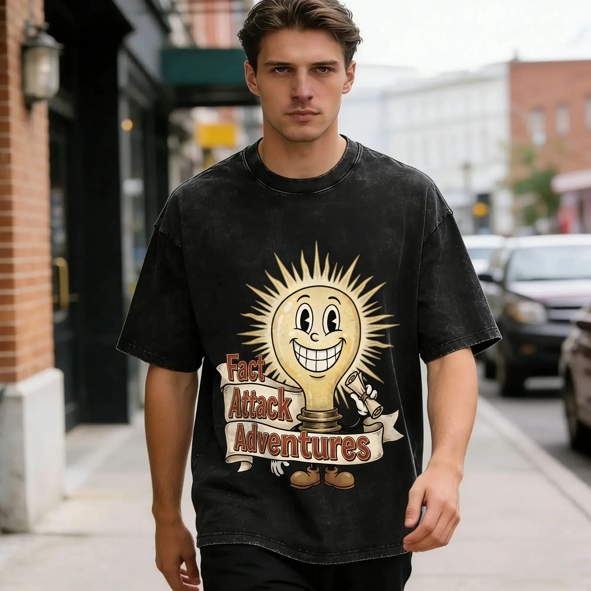 Creative Light Bulb Fact Attack Adventures  T-Shirts for Men O Neck Pure Cotton Washed T Shirt  Short Sleeve Tee Shirt Clothing