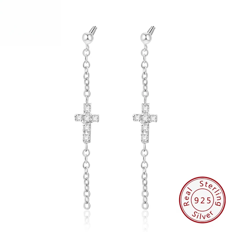 

KOSE JEWELS Shiny 925 Sterling Silver Tassel Drop Earrings Fashion Long Chain Cross 4A Cubic Zircon Earrings for Women AES32940