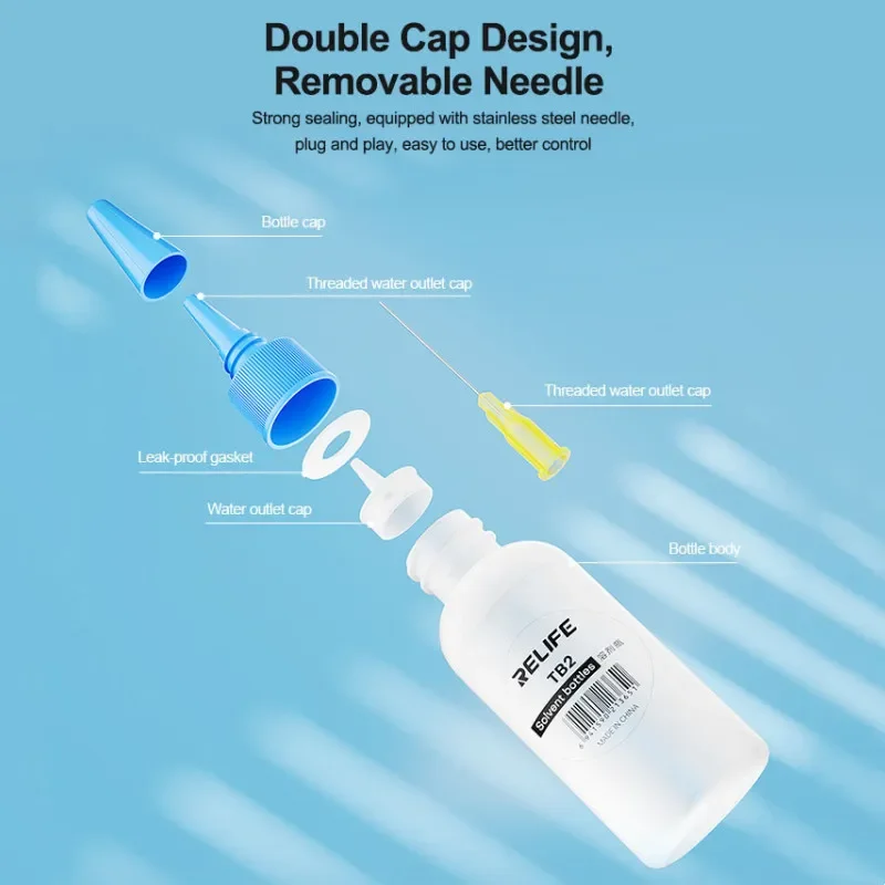 Botella solvente de tubo de aguja RELIFE TB2 para eliminación de líquido de Alcohol/marco/eliminación de pegamento, sellado fuerte, botella vacía de doble tapa