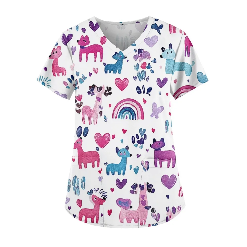 Uniforme médico para mujer, Tops de enfermera veterinaria con estampado de animales bonitos, moda con cuello en V, manga corta con bolsillos, uniforme clínico para mujer