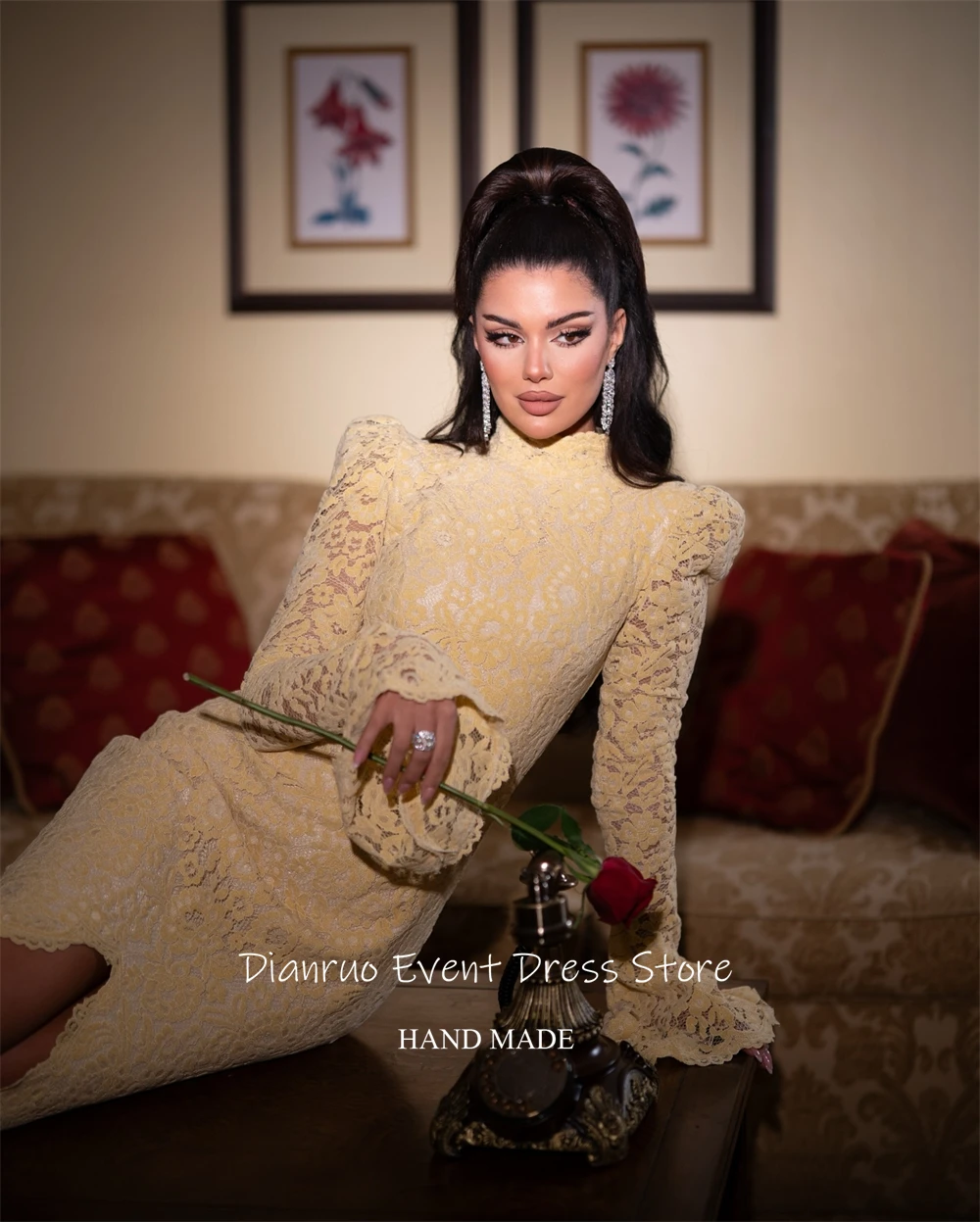 Dianruo jaune col haut Robe De Soirée longue haute fente Vestido Festa Appliques moderne découpé dentelle Robes De Soirée personnalisé