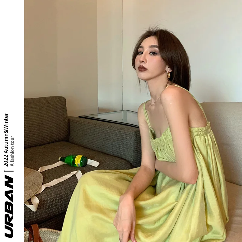 Women Summer Camisole Dresses Strapless Backless Sexy Cute Halter Dresses Beach Casual Vacation Green Dresses Loose Puffy Dress