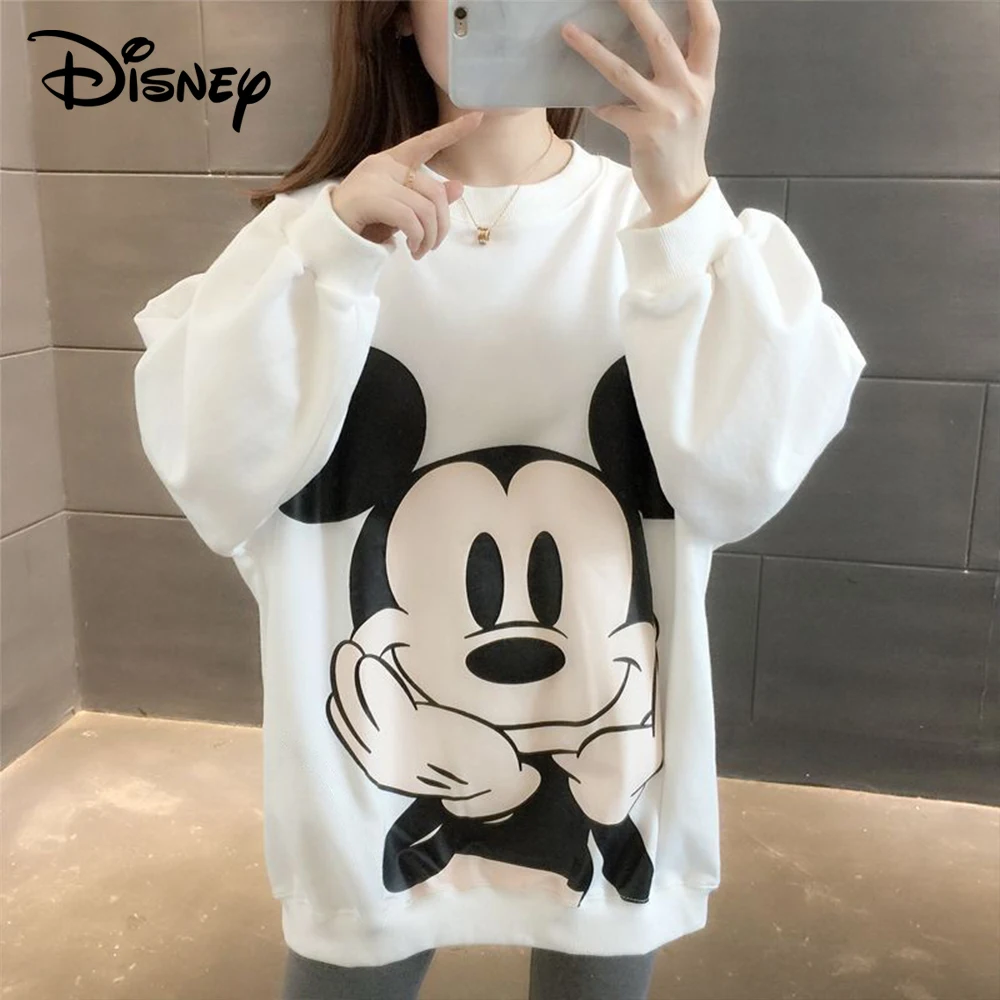 Disney 2023 Anime Big Mickey Mouse Print Loose Sweatshirt Autumn Winter Cartoon Velvet Pullover Top Plus Size