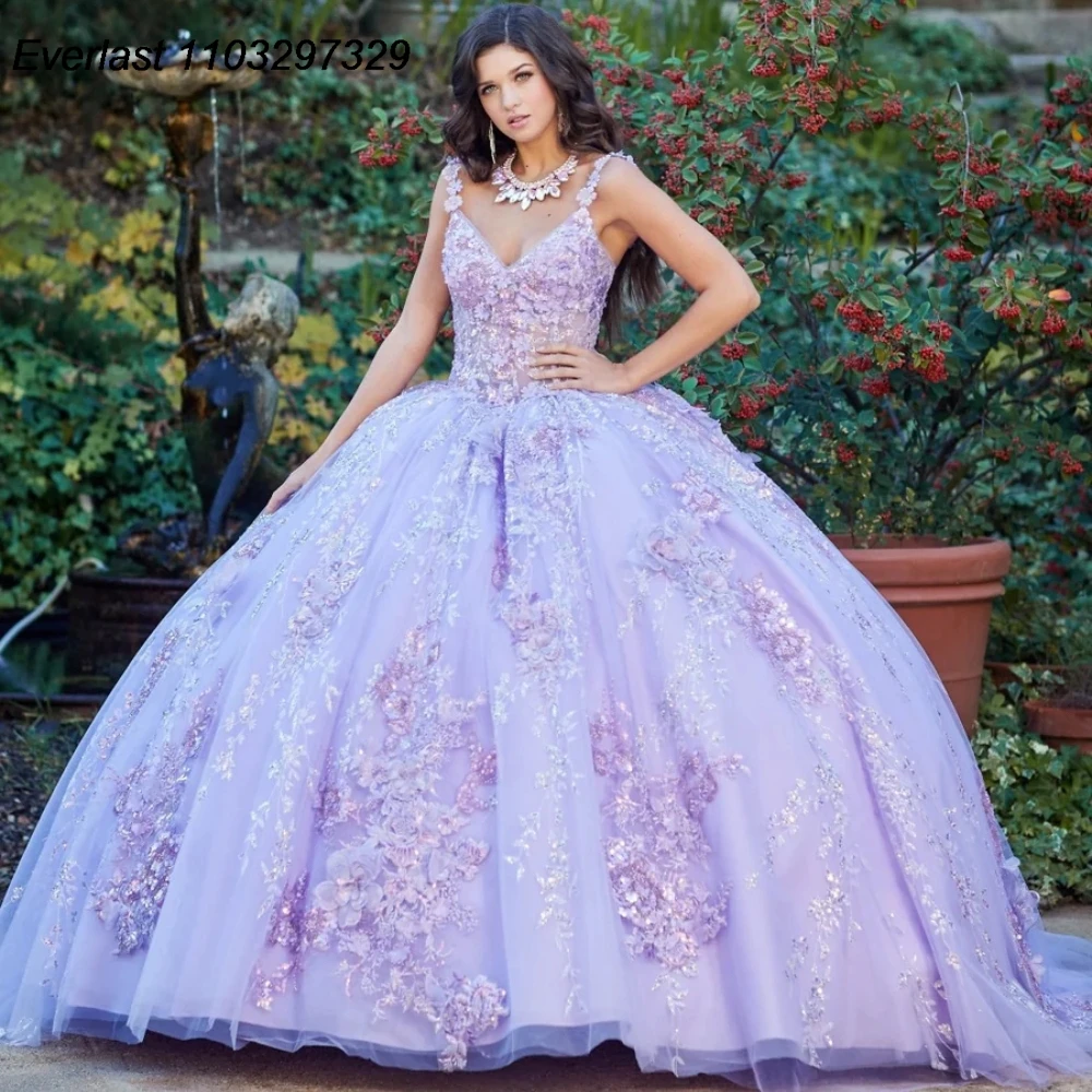 

EVLAST Shiny Lavender Quinceanera Dress Ball Gown 3D Floral Lace Applique Beading Mexican Sweet 16 Vestidos De XV 15 Anos TQD639