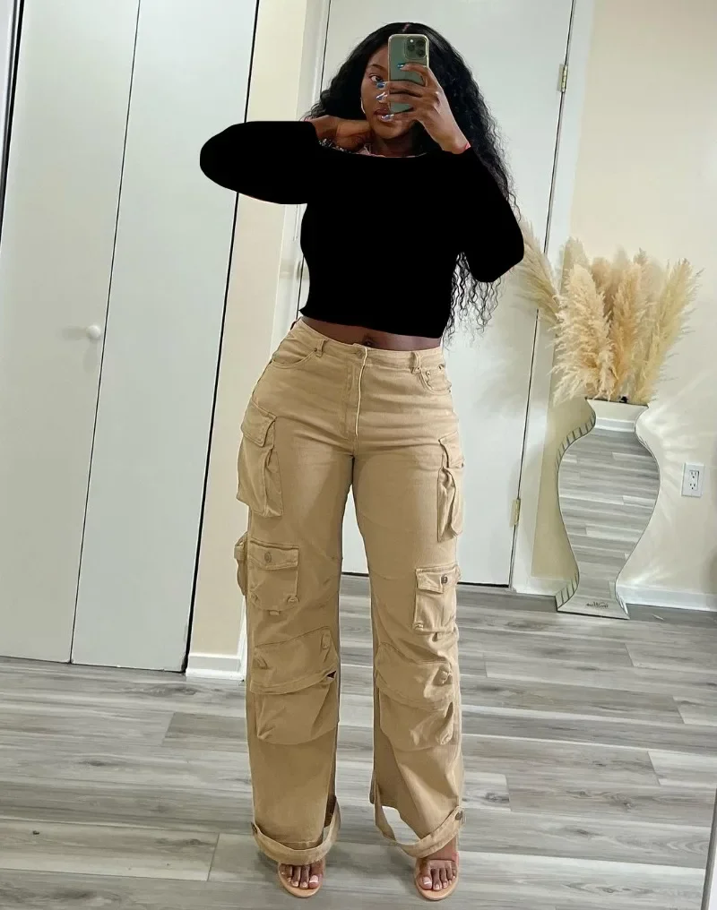 

GUWU Women Fashion Khaki Denim Wide Leg Pants Safari Cargo Hip Hop Straight Jeans Streetwear