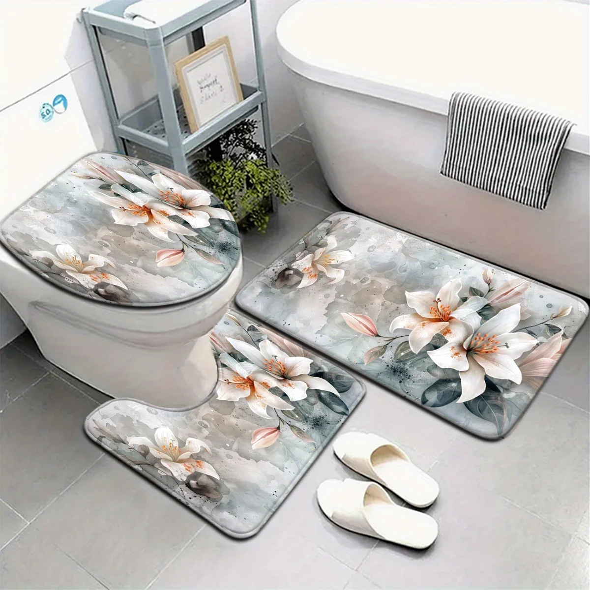 

3-piece set gray background white lily pattern bathroom anti-slip mat set toilet seat U-shaped foot pad machine washable