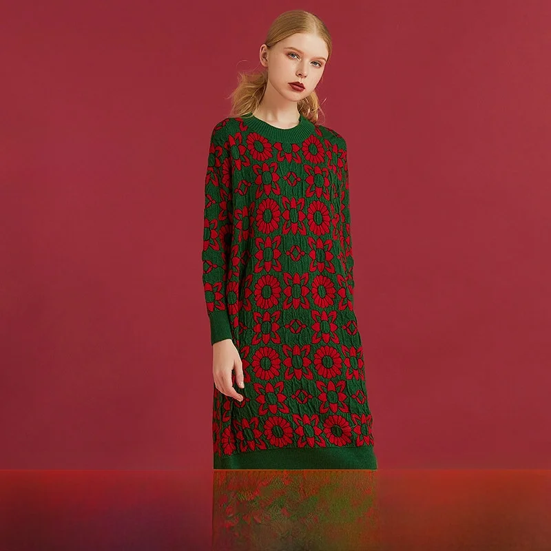 

Платье из шерстяной смеси с длинными рукавами, вязаное, прямого кроя, базовый слой, винтажный стиль, удобное для повседневной носки, со средней талией, А-силуэт