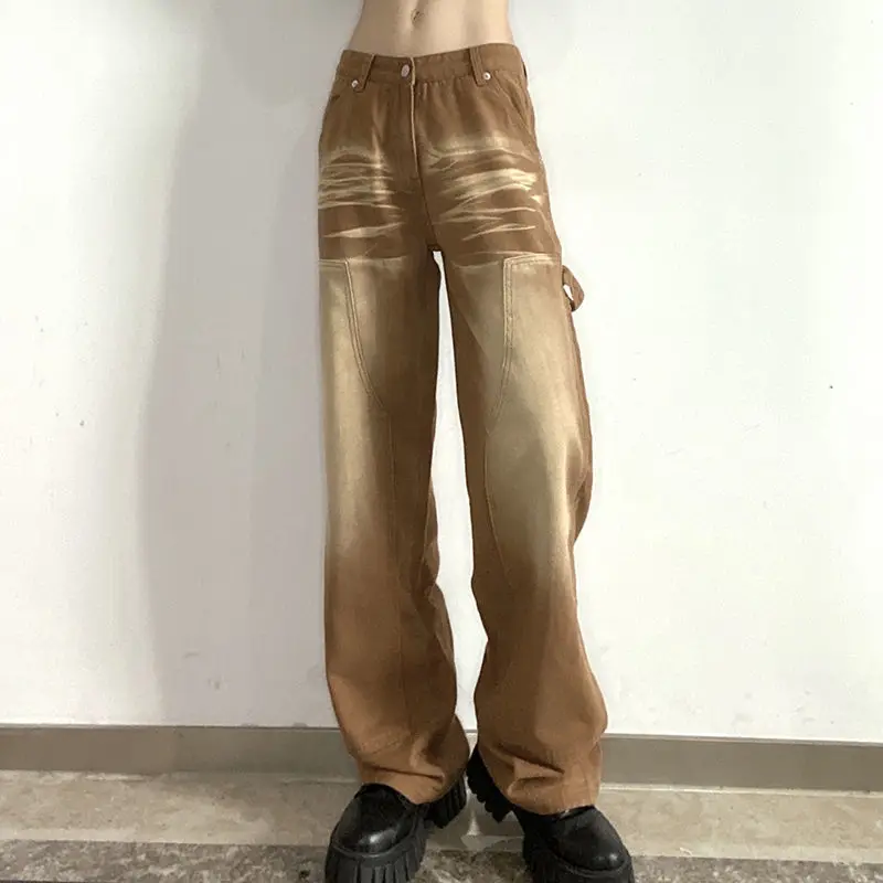 

Jeans Gradient High Waist Women Brown Aesthetic Y2k Vintage Baggy Denim Trouser Fashion Harajuku Wide Cowboy Pants