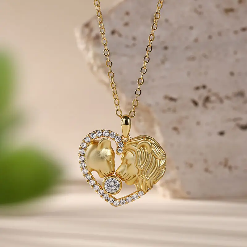 الأسد زوجين شكل قلب قلادة قلادة ، الزركون إطار الديكور ، عيد الحب ، جديد عصري ، تنوعا المرأة قلادة ، 2023