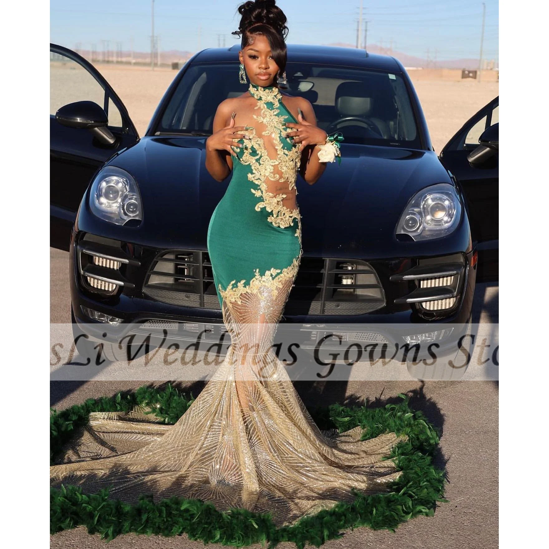 Green Mermaid Prom Dresses Appliques Feathers Birthday Party Dress Wedding Guest Gowns Robe De Bal Evening Gowns Cuatomized