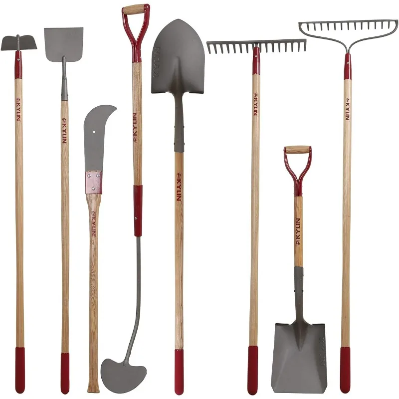 KYLIN 14-Gauge Yard Tools Shovels Spades Heavy Duty Shovel Rake Hoe Set Forged Scraper Bush Hook with Long Ash Handle  Landscape