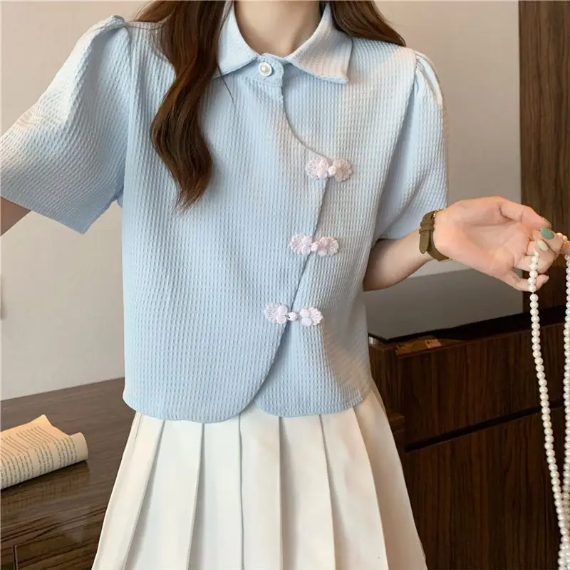 Shirts Women Summer Temper Crop Tops Irregular Solid Chinese Style Chic Fashion Gentle Casual Females Classic All-match Camisa