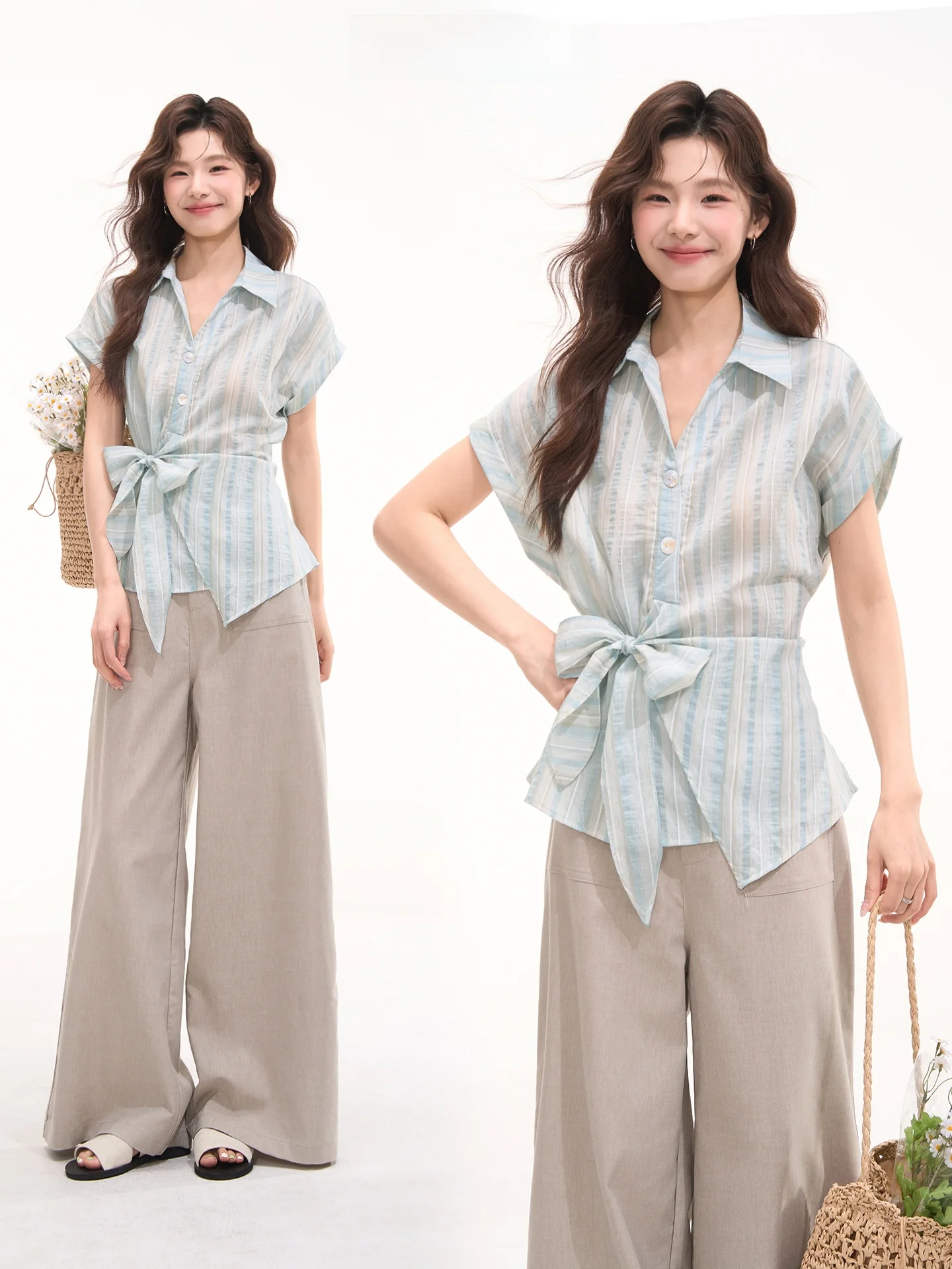 

Летняя полосатая рубашка Heme с коротким рукавом, женская свободная рубашка в повседневном стиле, модная прозрачная рубашка с поясом от китайского бренда